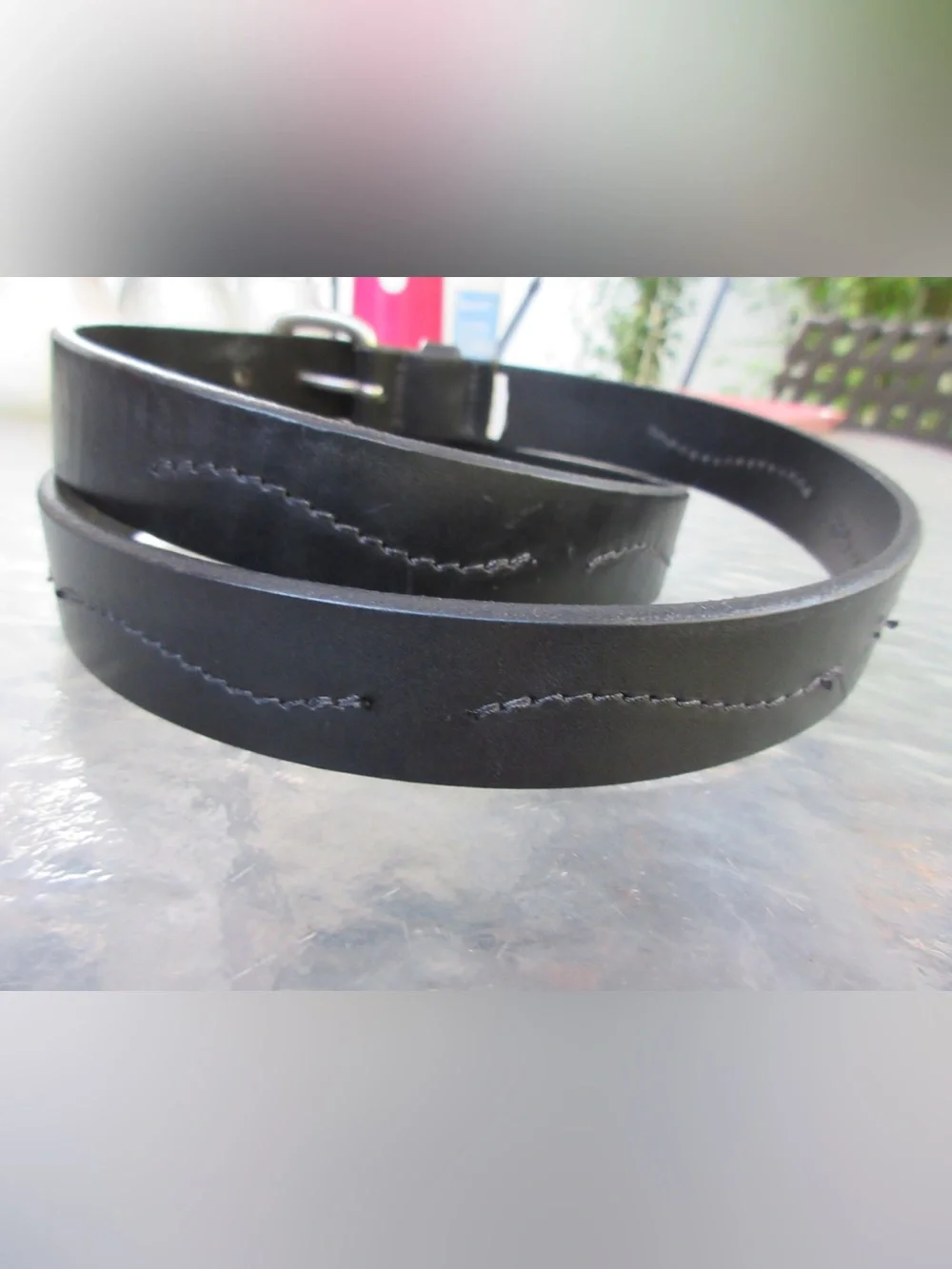 Eddie Bauer Black Leather Belt with Matte Silver Buckle 36-40”